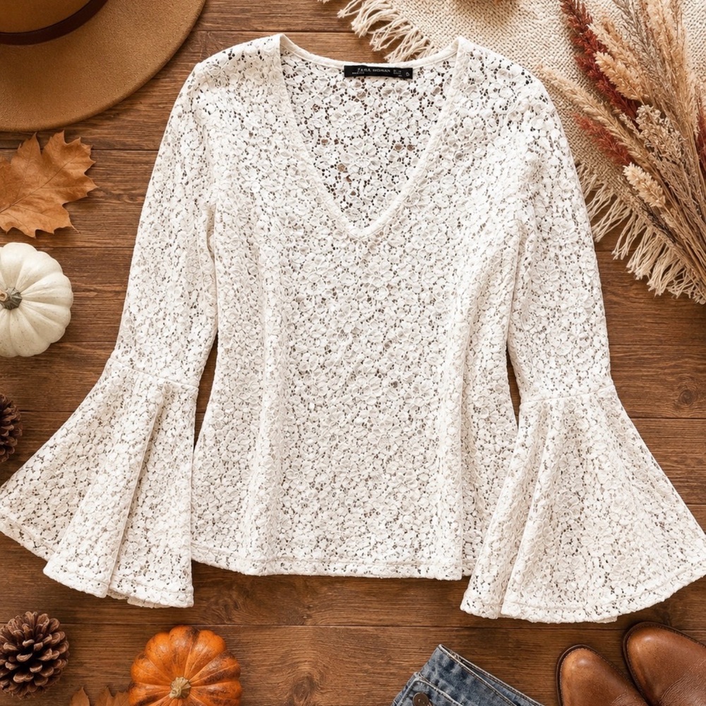 Zara Cream Floral Lace V-Neck Bell Sleeve Top